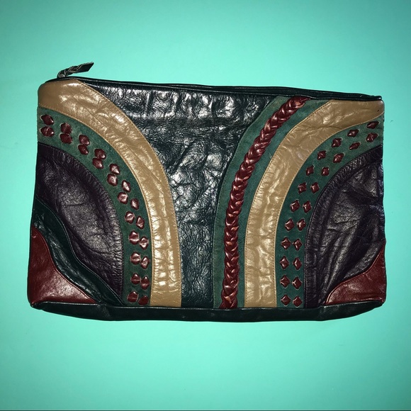 Gorgeous Bohemian Clutch Pouch Green Burgundy Tan Zippered Top - Picture 1 of 15